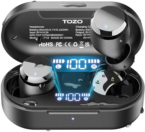 TOZO T12 (Compact Ergonomic Edition) Wireless Earbuds Bluetooth 5.3 Headphones, Call ENC Noise Cancelling Mic, 55Hrs Playtime App Customize EQ IPX8 Waterproof LED Digital Display Premium Sound Headset