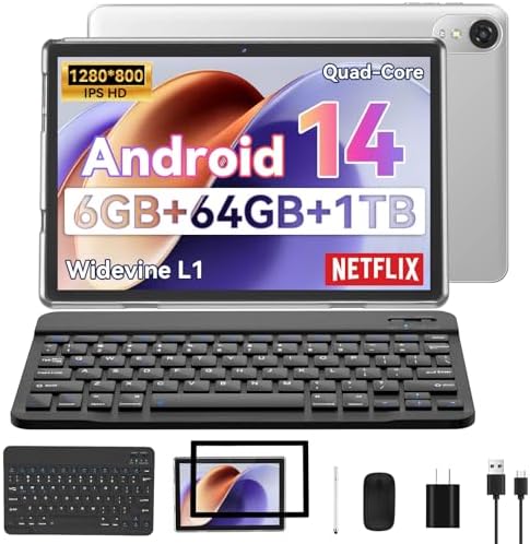 10 inch Android 14 Tablet, 6GB RAM 64GB ROM 1TB Expand, 2 in 1 Tablets with Keyboard, Case, Mouse, Stylus, 1280x800 IPS Touch Screen, WiFi 5, Bluetooth, Dual Camera, Tablet PC