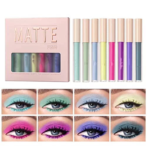 MAEPEOR Matte Liquid Eyeshadow 8 Colors Colored Smooth Creamy Eyeshadow Set Lightweight High-pigmented and Waterproof Long Lasting Matte Eyeshadow (Matte Colored, 8Colors Set 3)