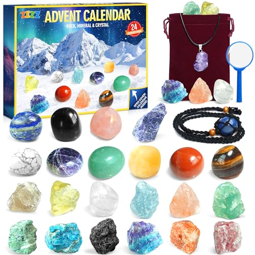 ZIZZ Advent Calendar 2024 Christmas - 24 Days Natural Rock Crystal Gemstone Christmas Countdown Calendar for Boys Girls Geology Stone Learning Collection Birthday Christmas Gift Toy for Kid Teen Adult