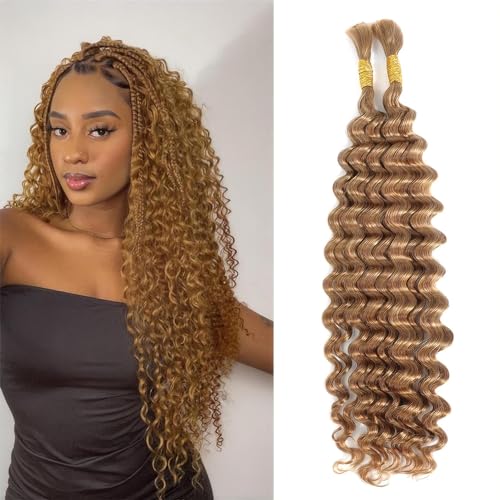 27# Deep Wave Braiding Human Hair Honey Blonde Bulk Human Hair for Braiding Deep Curly Hair for Micro Boho Braids Crochet Human Hair for Bohemian Box Braids100 Grams (2 of 50g)18 inch