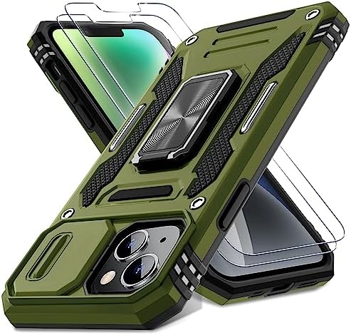 DEERLAMN Case for iPhone 13/iPhone 14 6.1-Inch with Slide Camera Cover+Screen Protector(2 Packs),Rotated Ring Kickstand Military Grade Shockproof Protective Cover-Olive Green