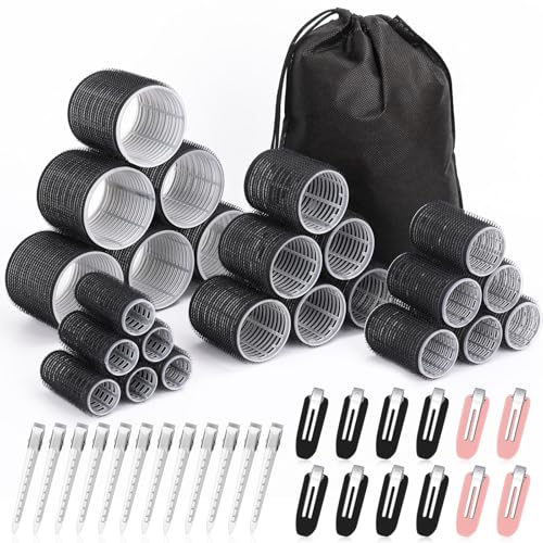 Hair Curlers Set with 24 Rollers (6 Jumbo, 6 Large, 6 Medium, 6 Small) and 24 Clips for All Hair Lengths (Black)