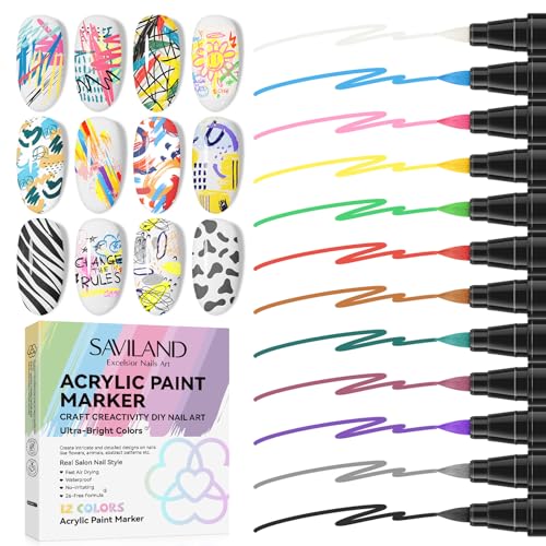 SAVILAND Nail Art Pens Set: 12 Colors Quick Drying 3D Nail Polish Pens Acrylic Paint Nail Art Markers Color-fast Nail Point Graffiti Dotting Tools Drawing Painting Liner Nail Art Design Pens Home DIY