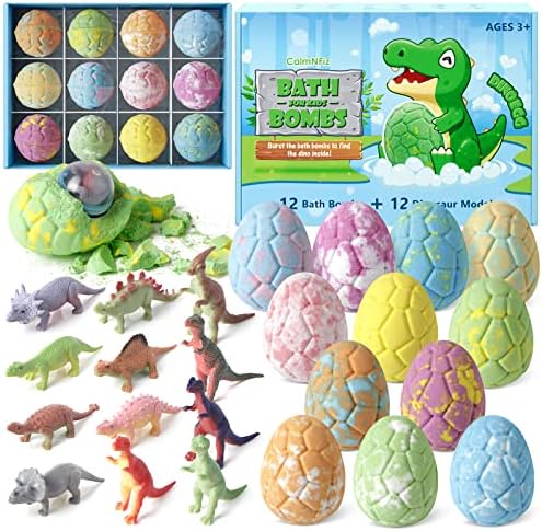 Bath Bombs with Surprise Dinosaur Toys Inside, 12 Pack Organic and Natural Bubble Bath Bombs, Stocking Stuffers for Kids, Bath Bomb Set for Her/Him