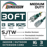 HONDERSON 30FT 16/3 Christmas Lighted Outdoor Extension Cord - 16 Gauge 3 Prong SJTW Green Extension Cable with 3 Prong Grounded Plug for Safety,Great for Outdoor Christmas Decorations