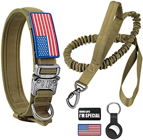 Tactical Dog Collar and Bungee Leash, Camo Military Dog Collar & Leash Set with USA American Flag Adjustable K9 Collar with Heavy Duty Metal Buckle & Handle,with Patches and Airtags Case (M, Brown)