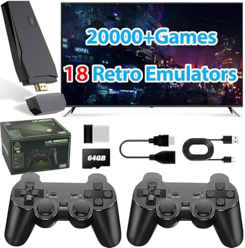 Wireless Retro Game Console Stick Built-in 20000+ Classic Games, 4K HDMI Output Nostalgia Plug & Play Retro Video Gaming Stick with 18 Emulators and Dual 2.4G Wireless Controller（64GB）