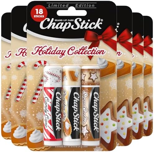 ChapStick Bulk Lip Balm, Holiday Variety 3-Packs x 6 (18 Sticks) – Candy Cane, Sugar Cookie, and Pumpkin Pie Flavored Lip Moisturizers, Stocking Stuffers, 0.15 Oz Ea