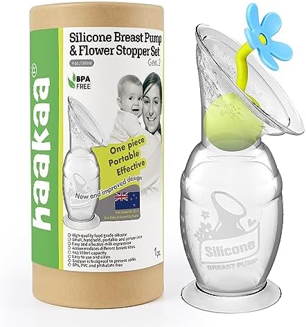 haakaa Manual Breast Pump Hand Pump Milk Pump Breast Milk Collector with Suction Base and Flower Stopper 100% Food Grade Silicone BPA Free (4oz/100ml) (Blue)
