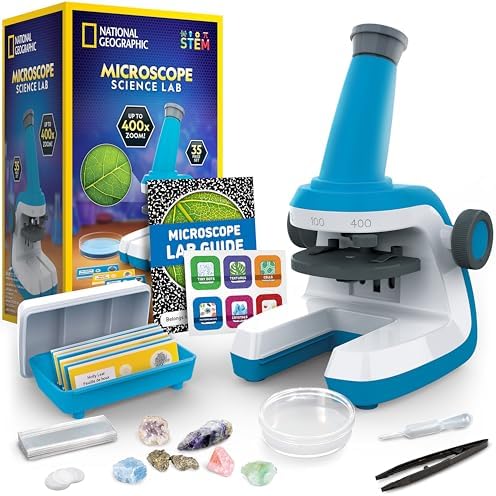 National Geographic Microscope for Kids - Science Kit with an Easy-to-Use Kids Microscope, Up to 400x Zoom, Blank and Prepared Slides, Gifts for 6 7 8 9 & 10, STEM Project Toy (Amazon Exclusive)