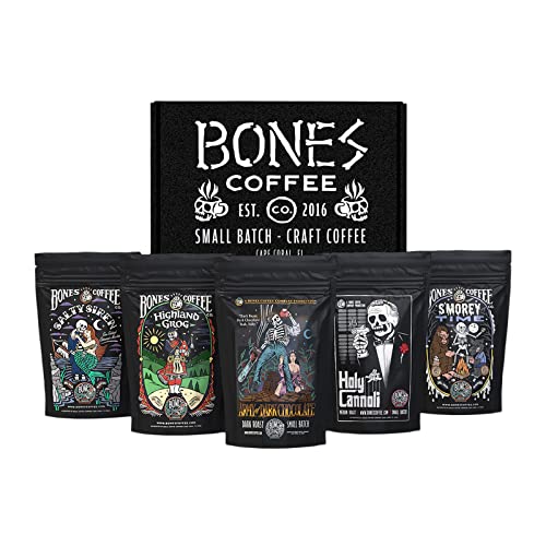 Bones Coffee Company Favorite Flavors Sample Pack Gift Set, Medium Roast Ground Coffee Low Acid Flavored Coffee Beans (4 oz, Pack of 5)