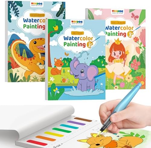 TECJOE 3 Pack Paint with Water Coloring Books for Toddlers, Watercolor Paint Set with 6 Brushes, Painting Activity for Kids Ages 4-8, Arts & Crafts Toy, Princess, Dinosaur & Forest