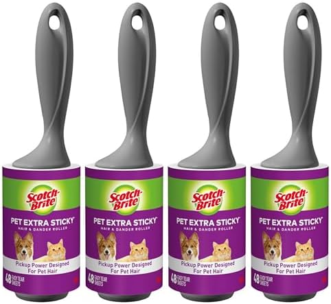 Scotch-Brite Pet Hair Pickup Extra Sticky Lint Roller, Lint Rollers for Pet Hair Extra Sticky, Versatile Pet Hair Remover for Couches, Clothes, and More, 48 Sheets, 4 Pack, 192 Sheets Total