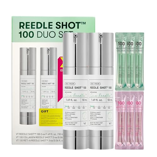 VT COSMETICS Reedle Shot 100 Duo Set with Collagen & Retinol Reedle Shot Pouch (Gift) – Exosome Microneedling Serum, Exfoliating, Soft & Glass Skin, Korean Skincare (1.69 fl. oz x2 / 0.06 fl. oz x6)