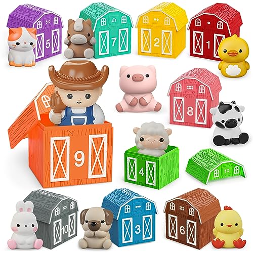 Learning Toy for Toddlers 1 2 3+ Years Old, 20 PCS Farm Animal Barn Toy & Finger Puppets, Montessori Educational Toy for Kids,10 Animals & 10 Barns for Babies Boys Girls Easter Christmas Birthday Gift