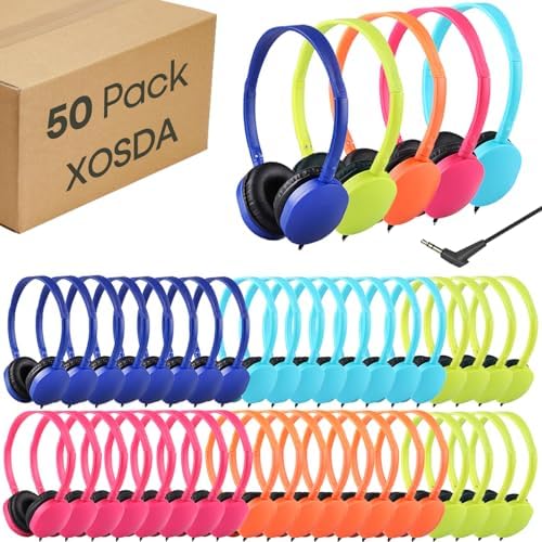50 Pack Bulk Headphones for Kids School Classroom,Wholesale Children Wired Headphones with 3.5mm Jack for Students Adults Teen Toddler Boys Girls Earphones(PU102,Mixed Color)