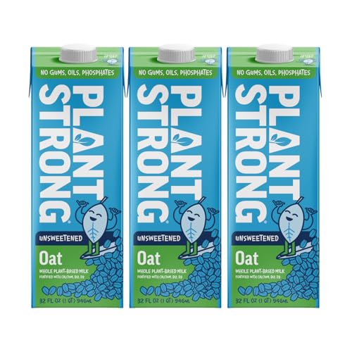 PLANTSTRONG Oat Milk Unsweetened 32oz (3 Pack) - NON-GMO - Plant Based, Vegan - Gluten Free Dairy Free - Shelf Stable - Lactose Free Milk - No Gums or Oils