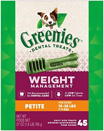 Greenies Weight Management Petite Natural Dog Dental Care Chews Weight Control Dog Treats, 27 oz. Pack (45 Treats)