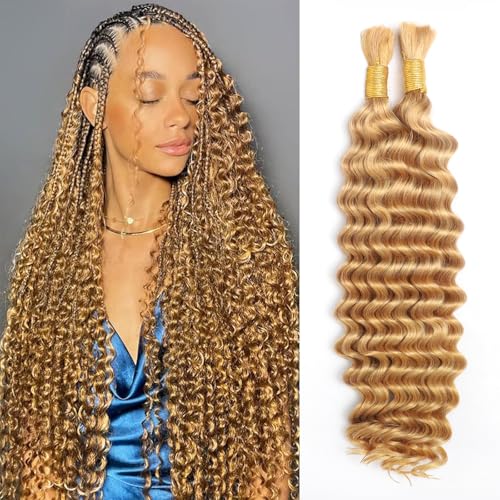 Human Braiding Hair for Boho Braids, Deep Wave Bulk Boho Braids Human Hair for Knotless Curly Bohemian Water Wave Braiding 70g 16 Inch Caramel Blonde (2 No Weft Bundles/Pack)