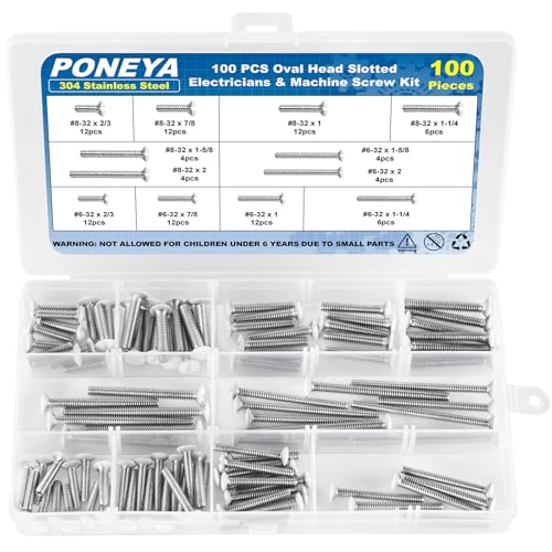 Wall Switch Plate Screws, 100 PCS Oval Head Slotted Machine Screw Kit #6-32#8-32 Thread 304 Stainless Steel White Screws for Electrical Outlet, Receptacles Mounting Screws with Storage Case