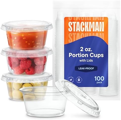 Mini Plastic Souffle Cups with Lids [2 oz - 100 Sets] Jello Shot Cups - 2oz Cup, Small Condiment & Snack Containers - Disposable 2 Ounce Plastic Portion Glasses & Lid for Sauce Dressing or Shots