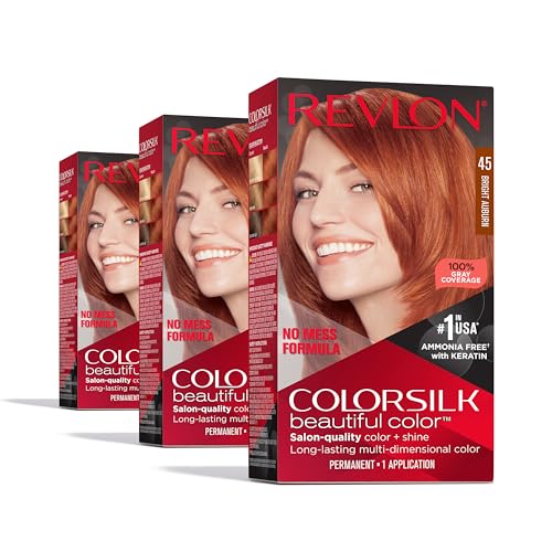 Revlon ColorSilk Permanent Hair Color, 100% Gray Coverage Dye Kit, Ammonia-Free, Keratin and Amino Acids, Red Shades, 45 Bright Auburn (Pack of 3)