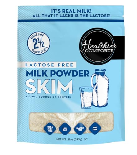 Healthier Comforts Lactose Free Skim Milk Powder | High Protein, Fat Free, Non-GMO, rBST Hormone Free, Kosher, Gluten Free, No Fillers | Baking, Coffee Creamer, Shakes| Makes 2.5 Gallons (21 oz)