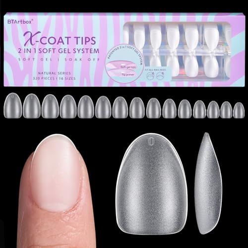Extra Short Almond Nail Tips - BTArtbox XCOATTIPS Gel Nail Tips Natural with Tip Primer Cover, Pre-shaped Full Matte Oval Gel Press On Nails Clear Soft Fake Nails for Daily Nail Art