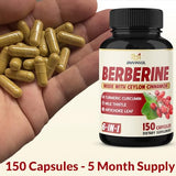 Berberine Supplement Plus Ceylon Cinnamon, Turmeric Curcumin, Milk Thistle, Artichoke - 150 Capsules for 5 Month Supply