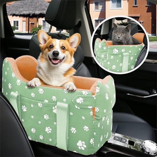 Cullaby Dog Center Console Car Seat for Small Dogs,Detachable Washable Dog Booster Seat Under 15lbs, Pet Car Seat Travel Bed with Storage Pockets and Dog Safety Belt(Green)