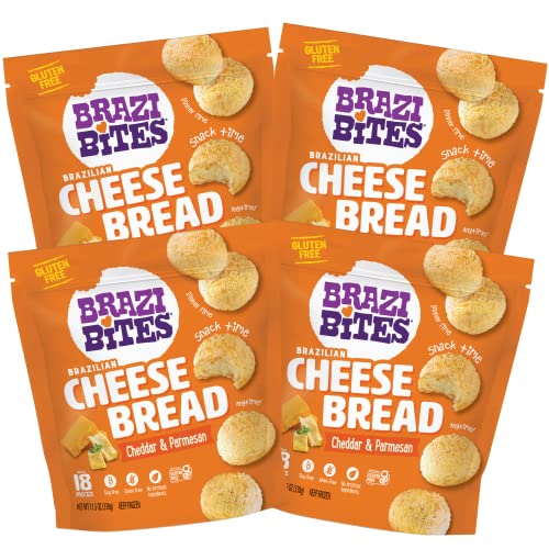 Brazi Bites Gluten-Free Brazilian Cheese Bread: Cheddar & Parmesan | Vegetarian Frozen Bread Snacks | Soy-Free | No Artificial Ingredients | No Preservatives | 11.5 oz. pouches (4-pack)