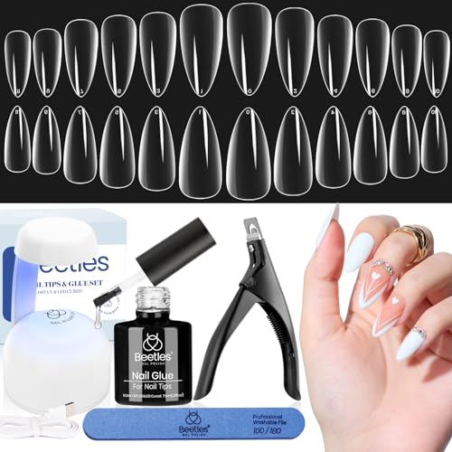 Beetles Easy Gel Tips Nail Extension Kit Extra Short Stiletto Pre-shaped False Nail Tips with 5 In 1 Nail Glue Gel Base Coat Fake Nails and Uv Led Nail Lamp Diy Gift for Women