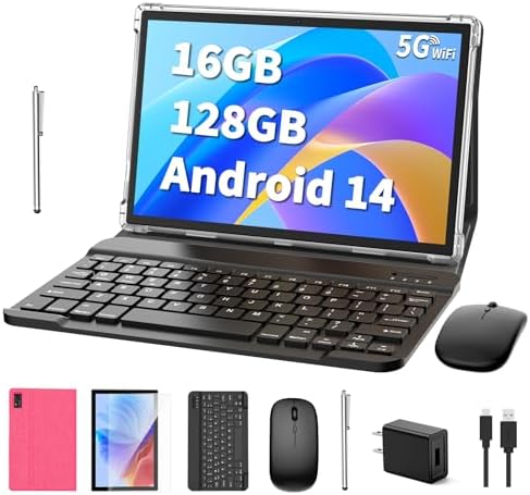 Android 14 Tablet, 10 inch Tablet with Keyboard, 16GB+128GB, 1TB Expand, Octa-Core, 2.4G/5G WiFi, 8000mAh, BT V5.0, GMS Certified, IPS Touch Screen, GPS, with Case, Mouse, Stylus(Pink)