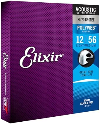 Elixir Strings, Acoustic Guitar Strings, 80/20 Bronze with POLYWEB Coating, Longest-Lasting Warm Tone with Comfortable Feel, 6 String Set, Light/Medium 12-56