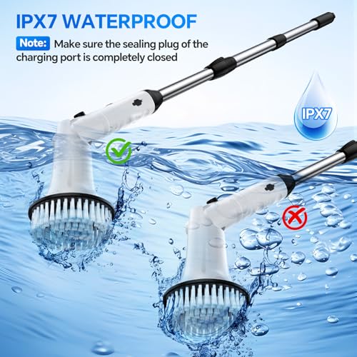 Electric Spin Scrubber, Shower Scrubber with Long Handle, IPX7 Waterproof Bathroom Cleaner Brush, Cordless Electric Cleaning Brush with 7 Replaceable Brush Heads, 2 Speeds Scrubber for Floor Tile Tub