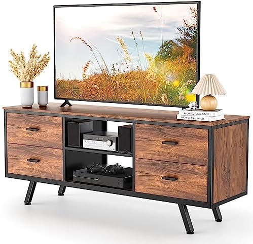Pipishell TV Console Table for up to 65″ TVs, Retro TV Stand with Metal Frame & Fabric Drawers up to 150 lbs, Entertainment Center TV Console for Living Room & Bedroom Organization, PIRTS06WN