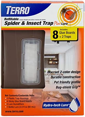 TERRO T3220 Refillable Spider & Insect Trap Attracts Pests with Hydro-tech Lure – Includes 2 Traps & 8 Glue Boards , Brown