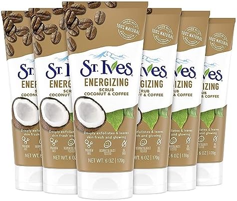 St. Ives Rise and Energize Face Scrub Deep Exfoliating Scrub Coconut and Coffee Dermatologist-Tested, 100% Natural Exfoliants Face Wash, 6 Ounce (Pack of 6)