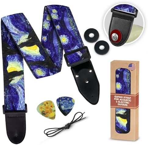 Art Tribute Van Gogh Starry Night Guitar Strap for Bass, Electric & Acoustic Guitar - Christmas Gift & Stocking Stuffer Set, 2 Strap Locks, 2 Picks - Adjustable Cotton Strap for Men & Women Players