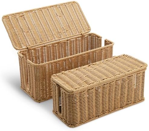 2Pack Large Cable Management Box, Handwoven Imitation Rattan Cord Organizer Box, Decorative Cord Hider Box, Cable Organizer Box for Desk, Cord Management Box to Hide Cords and Power Strips
