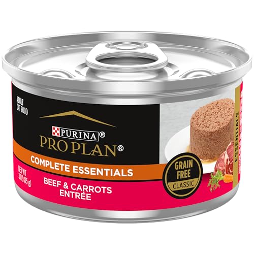Purina Pro Plan Grain Free Wet Cat Food Pate, COMPLETE ESSENTIALS Beef & Carrots Entree Classic - (Pack of 24) 3 oz. Pull-Top Cans
