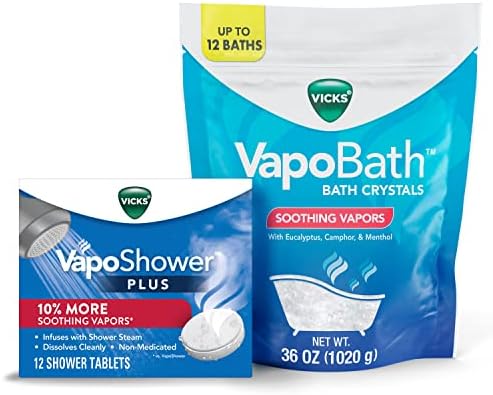 Vicks VapoShower Plus, Shower Bomb Tablets, Soothing Non-Medicated Vapors, 12 Tablets & Vicks VapoBath Bath Crystals, 36 oz Soothing Bath Soaking Solution, Steam Aromatherapy w/Eucalyptus & Menthol