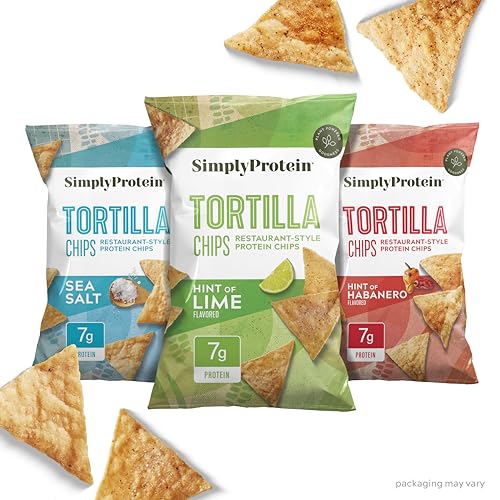 Simply Protein - Tortilla Chips, Restaurant Style Protein Chips, Variety Pack (3-Pack) - Sea Salt, Hint of Lime, Hint of Habanero - 7g Protein, 140 Calories, Gluten Free, Vegan - 3 Bags, 4.58oz (130g)