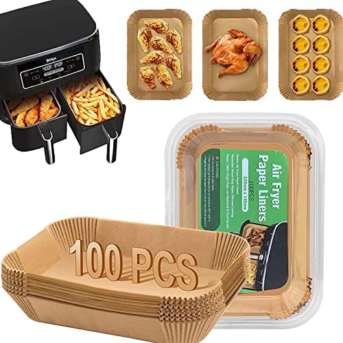 HFUN Air Fryer Disposable Paper Liner, Rectangular for Ninja 2-Basket Air Fryer, Natural Non-stick Parchment Paper Liner, 8.6x5.5 inch 100Pcs Rectangle Parchment Paper liners for DZ201, DZ401, FG551