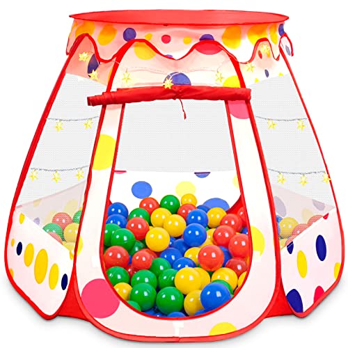 PopUp Princess Tent, Toddler Girl Toys Baby Ball Pit with LED Star Lights, Foldable Kid Play Tent with Carrying Bag, Indoor Outdoor 1 2 3 Year Old Girls Toy Gift for Birthday/Christmas, Red