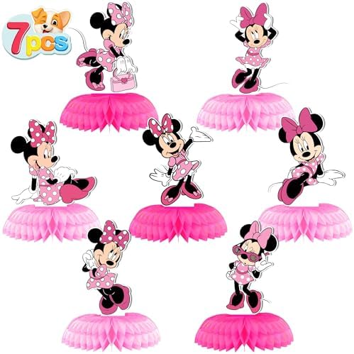 Minnie Birthday Party Supplies, 7Pcs Honeycomb Centerpieces for Mouse Party Decorations, Double Sided Table Decorations Centerpieces Party