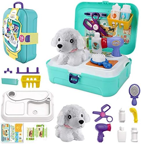 TEUVO Pet Care Play Set Doctor Kit for Kids, 16 Pcs Doctor Pretend Play Vet Dog Grooming Toys Puppy Dog Carrier Feeding Dog Backpack Gifts for Girls Boys 3-7 Years Old