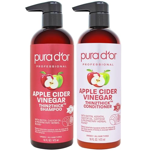 PURA D'OR Apple Cider Vinegar Thin2Thick Set Shampoo Conditioner for Regrowth, Hair Loss, Clarifying, Detox (2 x 16oz) Biotin, Keratin, Caffeine, Castor Oil, All Hair Type, Men/Women, Packaging varies Product Name
