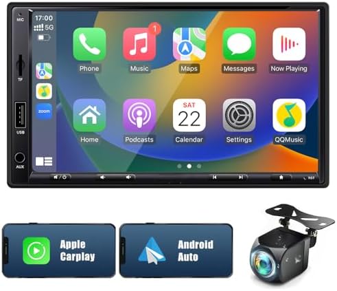7 Inch Double Din Car Stereo for Wireless Carplay&Android Auto with Voice Control,Car Radio with HD Touch Screen Bluetooth5.2, AM/FM/Mirror Link/Backup Camera/SWC/AUX/30-band EQ